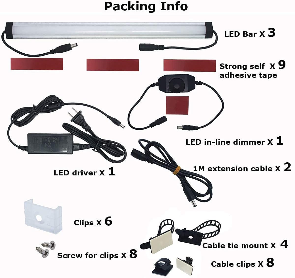 Litever 3-Light-Bar-Kit Under Cabinet LED Lighting Kit Warm White 3000K Additional 5-Pack Slim 20" Extension Cables