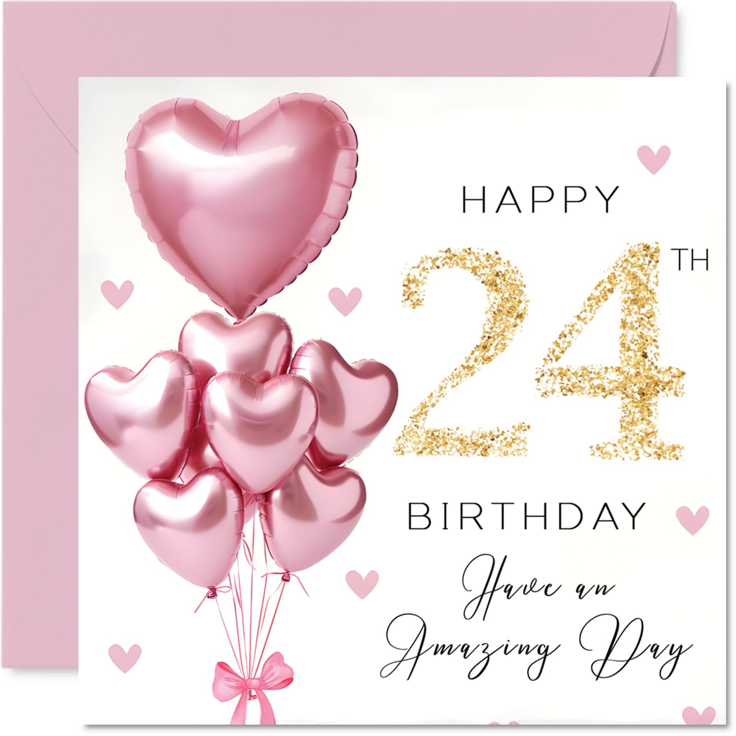 24th Birthday Cards for Women - Pink Glitter Balloons - Happy Birthday Card for 24 Year Old Woman Colleague Cousin Granddaughter Niece, 145mm Bday Greeting Cards