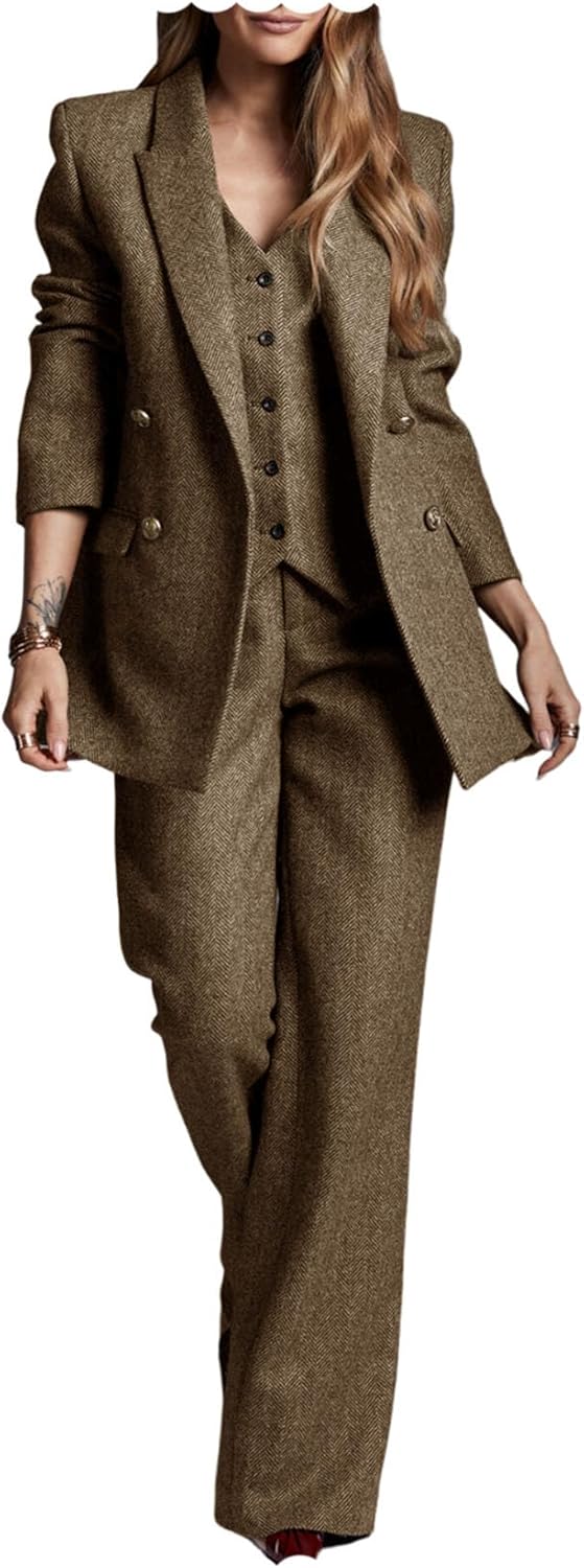 Women's Herringbone Tweed 3 Piece Suit Business Casual Office Work Outfits