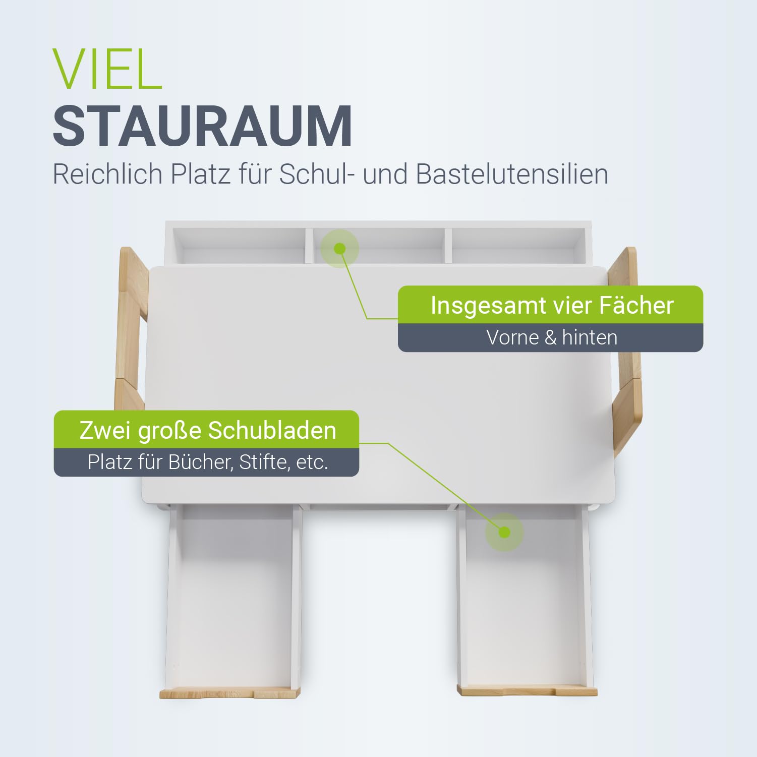 Juskys Kinderschreibtisch Fietje - Höhenverstellbarer Schreibtisch für Kinder, aus Holz, mit 2 Schubladen und viel Stauraum - Lerntisch in Weiß