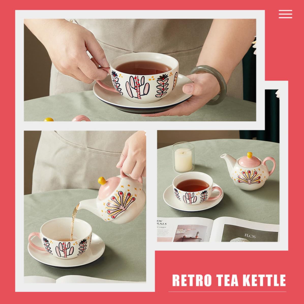 Juego de Tetera de Cerámica Rosa Reutilizable Taza y Bandeja