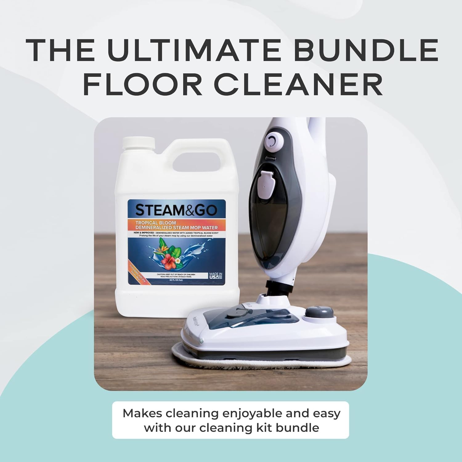 Steam & Go - The Housekeeper Steam Cleaner For Floors & Demineralized Water Bundle, 10-in-1 Hard Floor Cleaner Machine & Grout Steam Cleaner with Floor Cleaning Solution, 32 oz, Tropical Bloom Scent