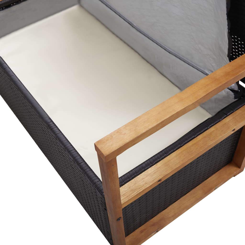 Hommdiy Akazienholz Massiv Bank mit Stauraum Sitzbank Gartenbank Gartentruhe Truhenbank Kissentruhe Kissenbox Auflagenbox 110cm Poly Rattan Schwarz/Grau (Schwarz)