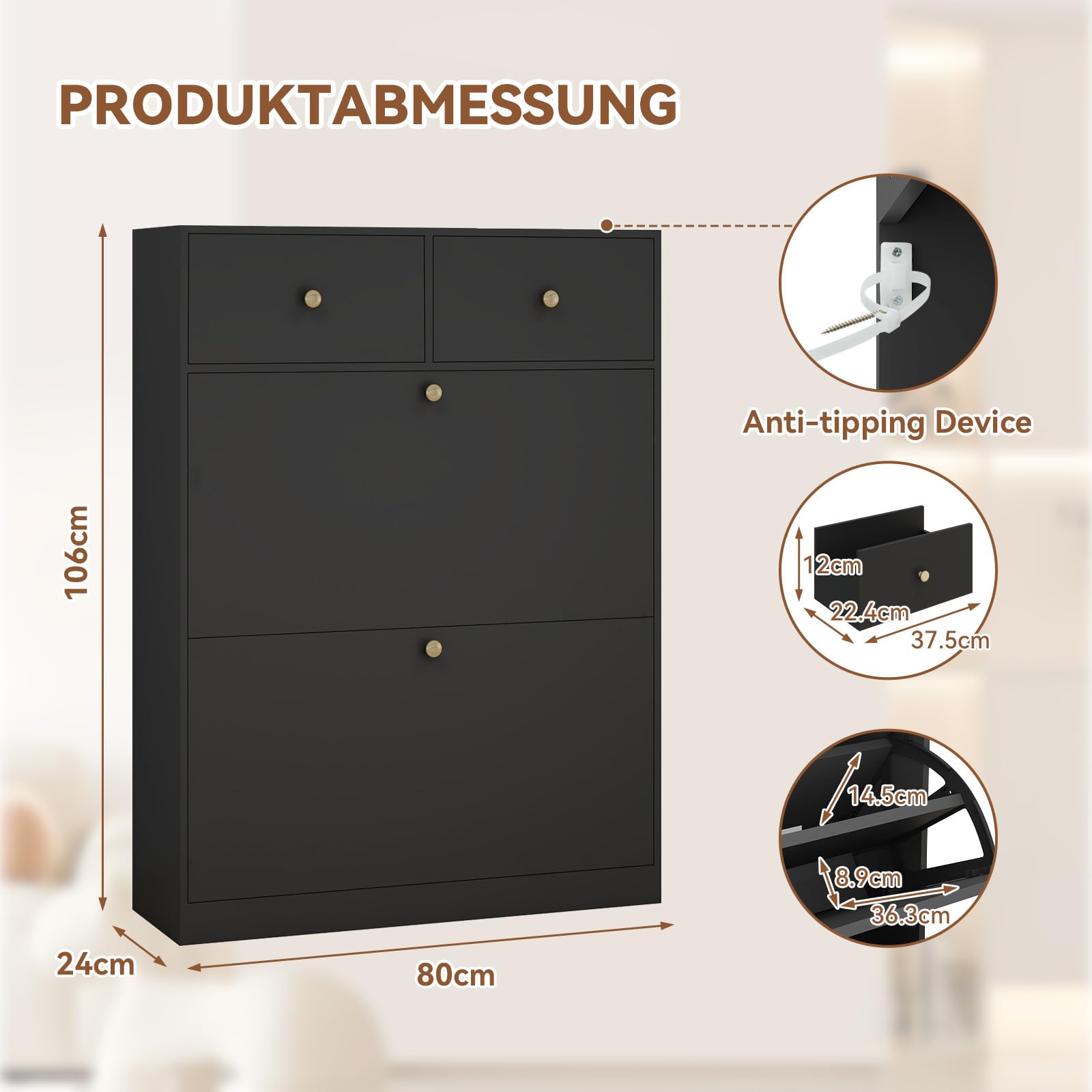 YOURLITE Schuhschrank Schmal,Schuhkipper,2 Klappen & 2 Schubladen,Schwarz | Platzsparender Schuhkipper Holz,Schuhkommode,Trennwand Verstellbar,für Flur,Eingang,Diele,Wohnzimmer,80x24x106cm