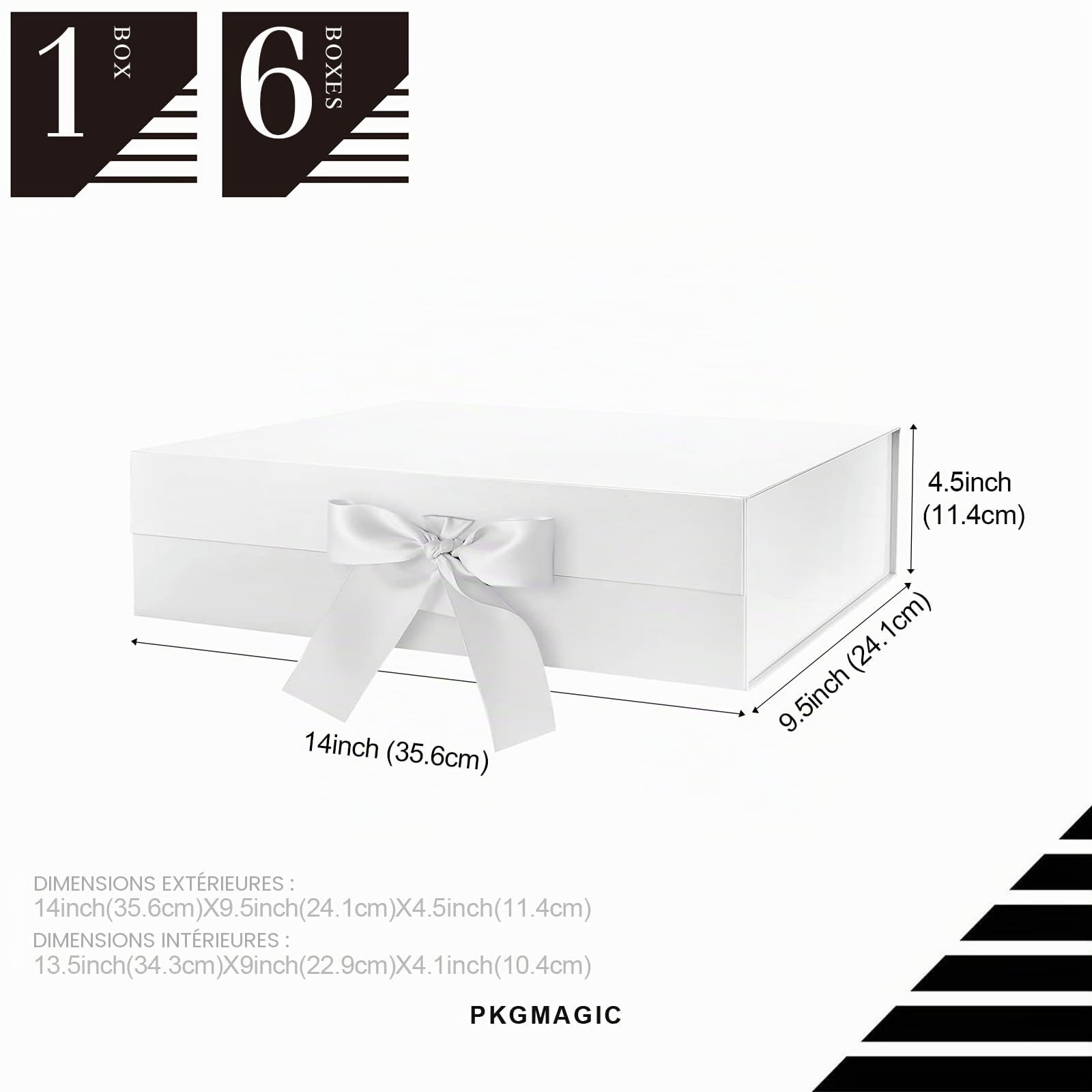 PKGMAGIC 6 Grande Boîtes Cadeaux avec Ruban 35,6 x 24,1 x 11,4 CM, Boîtes Cadeaux Vide, Boîtes Cadeaux Blanche avec Couvercle, Boîtes de Demande en Mariage pour Demoiselle D'honneu(Brillant)
