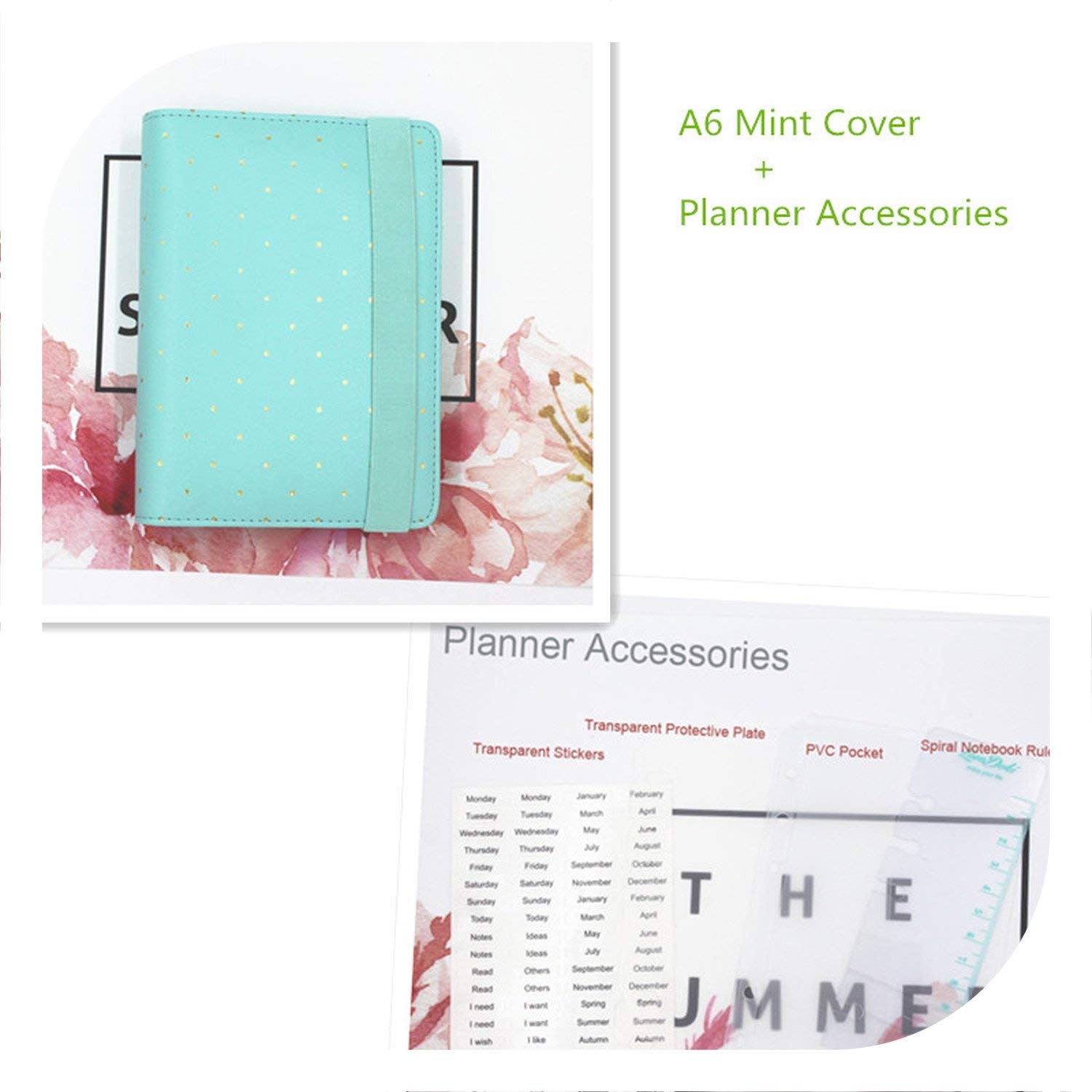 Lose sky Leather Cover Spiral Notebook Bullet and Journals A5A6 Elastic Band Planner Organizer Office School Supplies Stationery,A6 Mint Cover