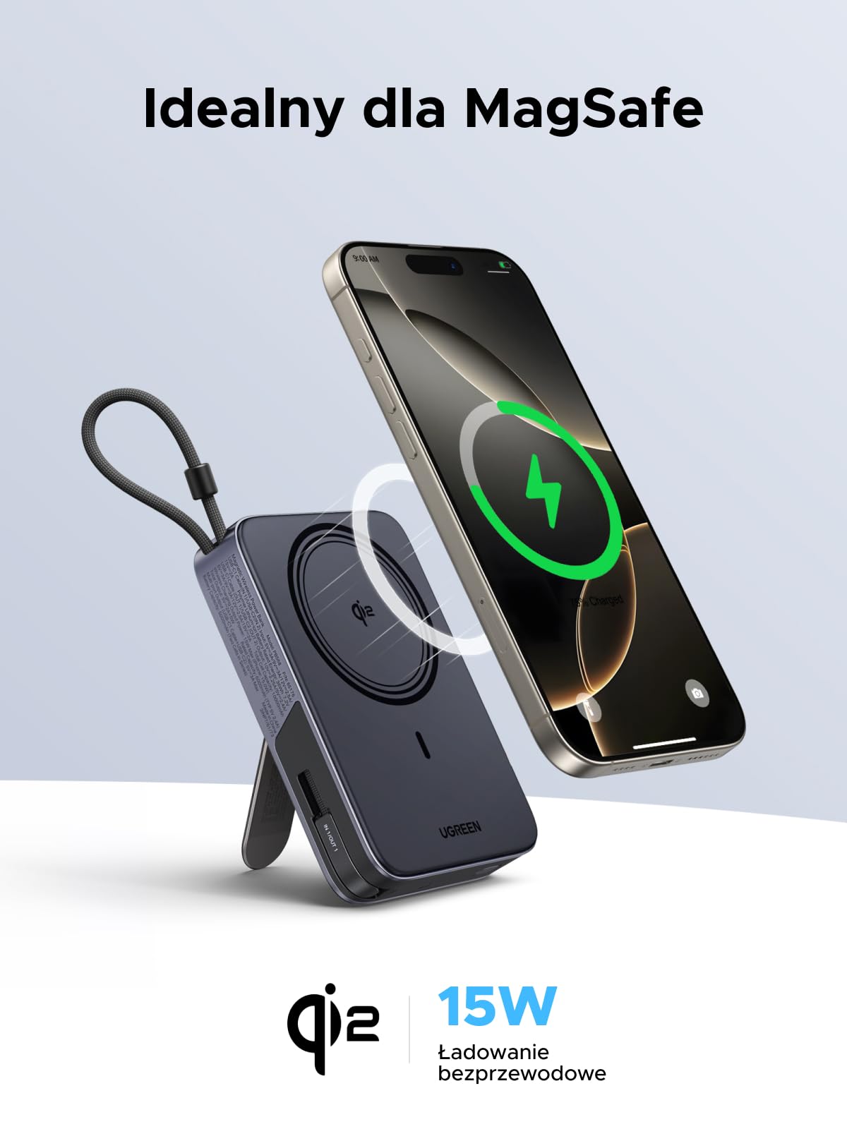 UGREEN Zapix 10000mAh Qi2 15W Magnetyczny Powerbank z USB-C 30W | Certyfikat Qi2, Zintegrowany Kabel, iPhone 17–12, Składana Podstawka, Idealny do podróży i dojazdów do pracy