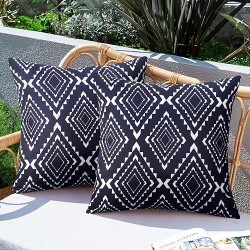 Merrycolor Pack of 2 Outdoor Waterproof Throw Pillow Covers Navy Blue Decorative Square Pillows Cushion Case Outdoor Pillows for Patio Furniture Garden Balcony Couch 18x18 Inch