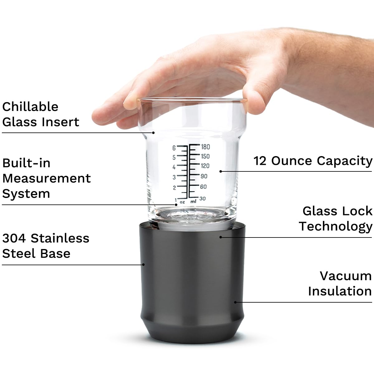 Elevated Craft Hybrid Rocks, vidrio negro plomizo, aislado al vacío, 12 onzas | Elevated Craft Hybrid Rocks - Vaso con base de acero aislada al vacío, inserto extraíble, negro plomizo, 12 onzas