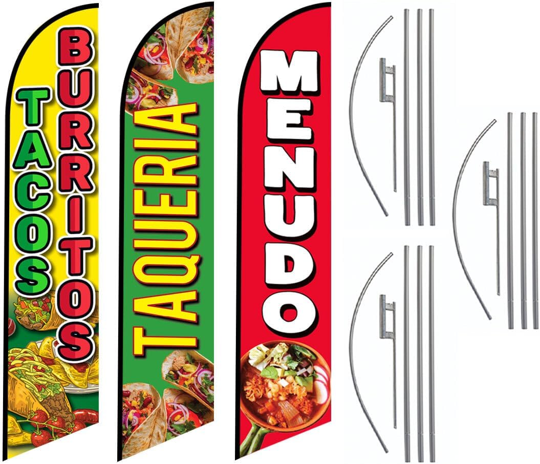 FFN Mexican Restaurant Advertising windless Feather Flag of Tacos Burritos, Menudo and Taqueria complete Kits Package, Includes 3 Banner Flags, 3 Flag Poles, and 3 Ground Stakes