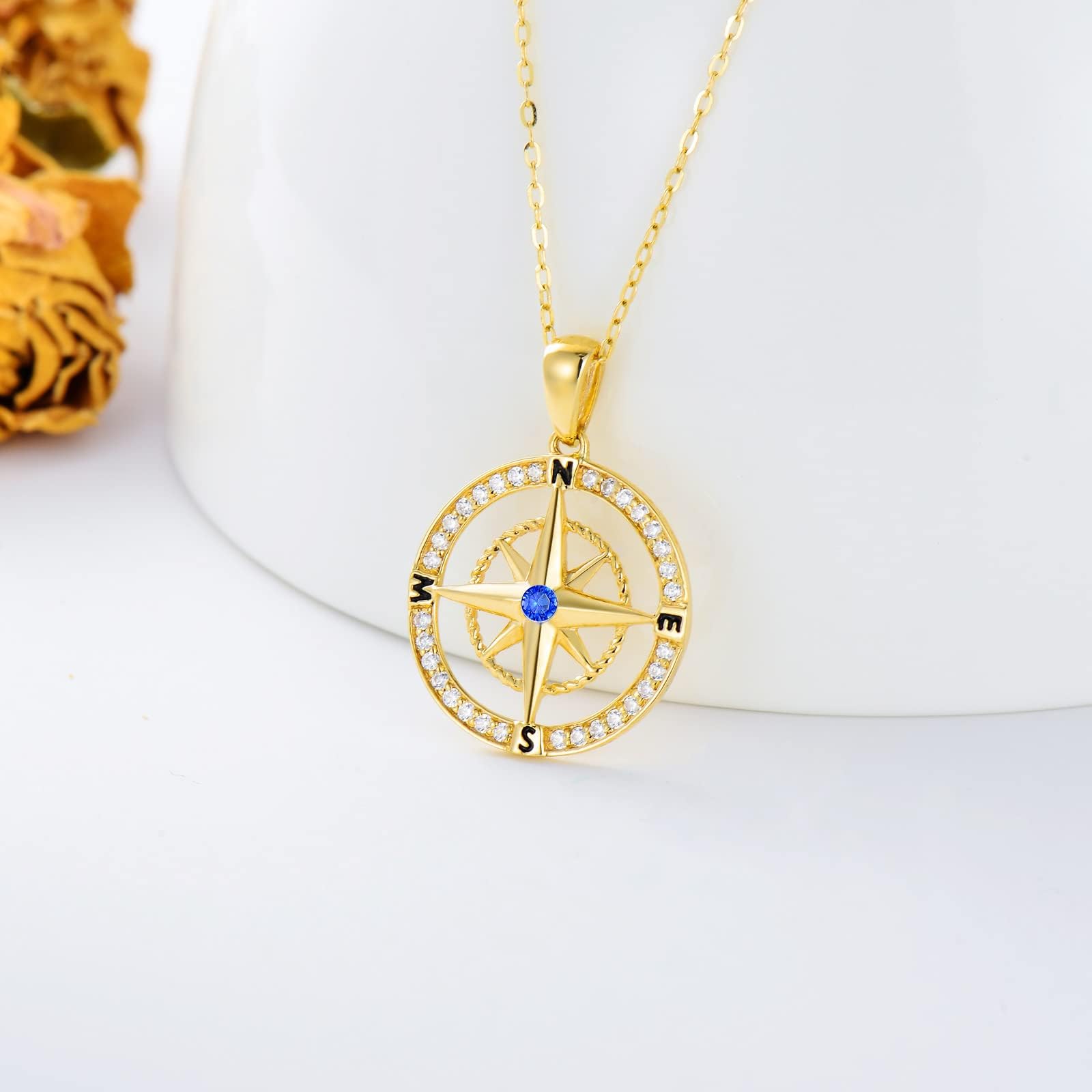 9k Echtgold Kompass Halskette für Damen,9ct/375 Gold Anhänger Halskette mit Zirkonia Frauen Schmuck Kompass Kette Geschenke Geburtstag Weihnachten 40+5 cm(Stil 2)