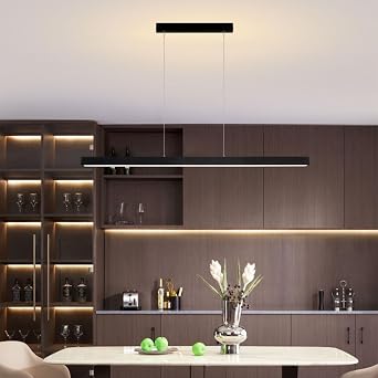 LED Lineer Sarkıt Lamba, Yemek Masası Lambası, Modern Mutfak Adası, Uzaktan Kumandalı, Kısılabilir, 3 Renk Sıcaklığı, %10 ila %100 Asma Lamba, Yüksekliği Ayarlanabilir, Oturma Odası, Ofis (Siyah, 150 [Enerji Sınıfı A+++]