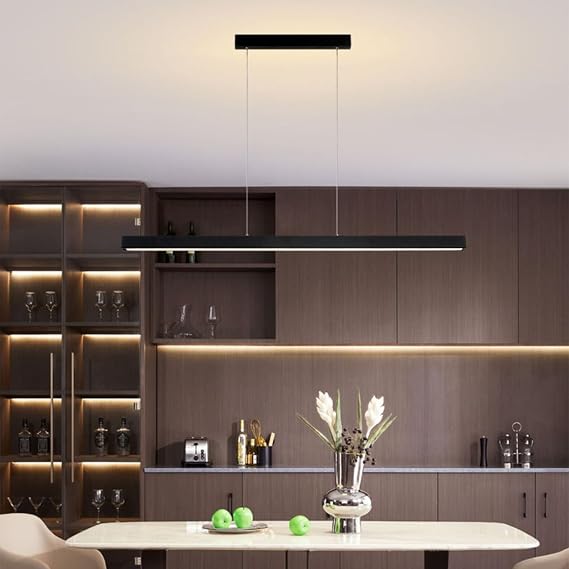 LED Lineer Sarkıt Lamba, Yemek Masası Lambası, Modern Mutfak Adası, Uzaktan Kumandalı, Kısılabilir, 3 Renk Sıcaklığı, %10 ila %100 Asma Lamba, Yüksekliği Ayarlanabilir, Oturma Odası, Ofis (Siyah, 150 [Enerji Sınıfı A+++]