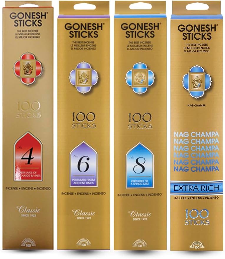 Gonesh - Classics with Extra Rich Scented Incense Sticks Bundle - Non-Toxic 10” Slow Burn Aromatic Sticks - No.4, No. 6, No. 8 & Nag Champa - 100 Sticks Each