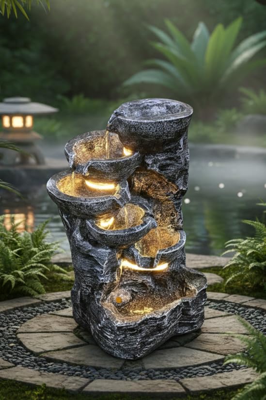 Image of 2.3 Feet Rock Style Water Fountain with LED Lights | Indoor Outdoor Decorative Waterfall Showpiece for Home, Garden & Office Decor (Black)