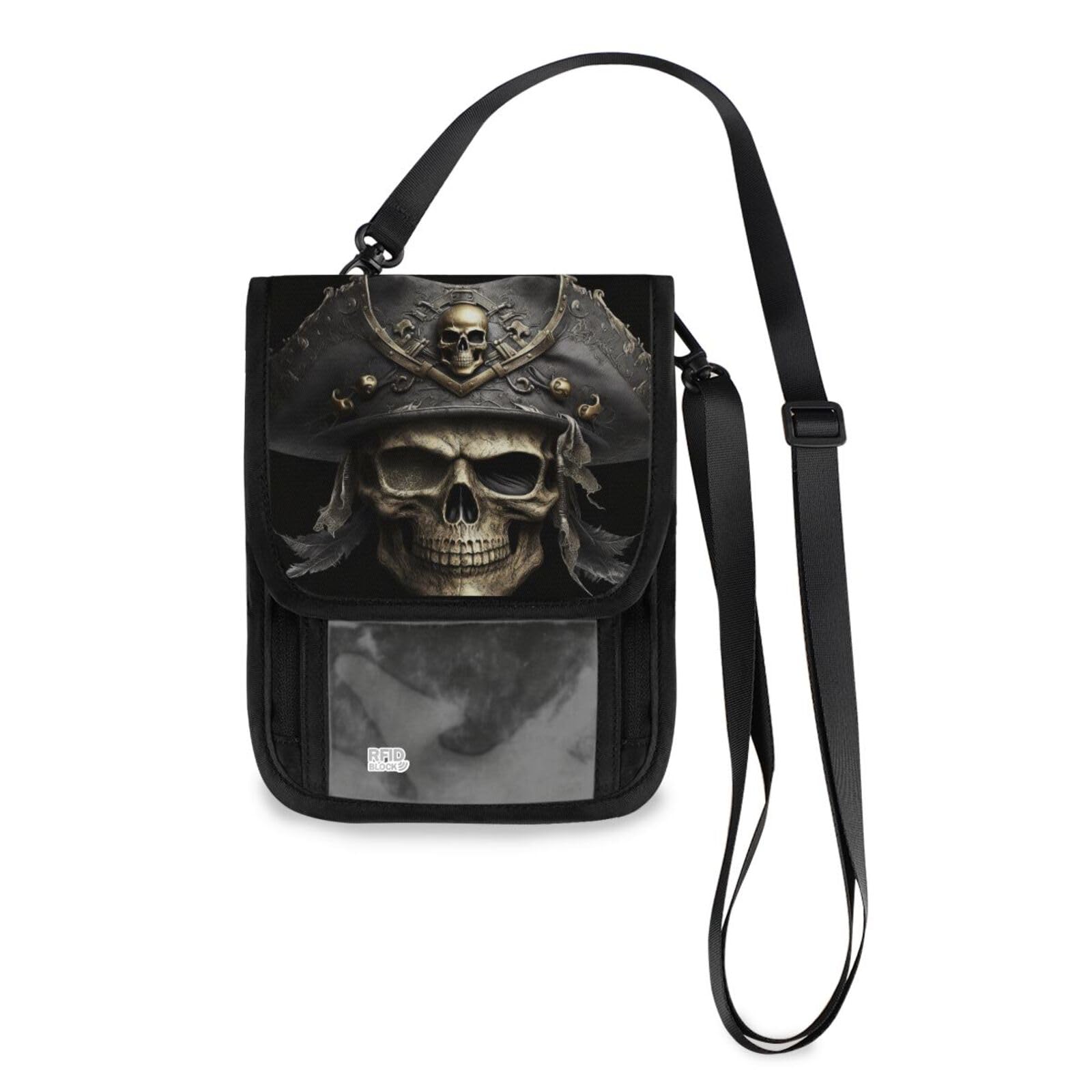 YMGQYJ Crossbody Neck Wallet RFID Blocking, Pirate Skull Print Travel Cellphone Purse with Card Slots, 6 x 7.5 inch