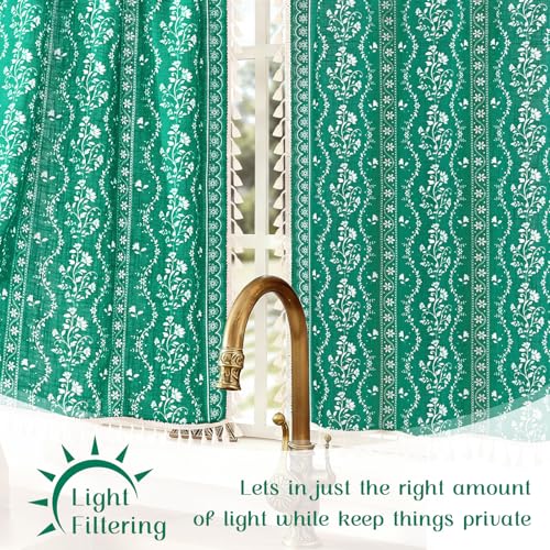 Image of Yinhua Boho Kitchen Curtains 36 Inch Length Vintage Linen Cafe Curtains Light Filtering Bohemian Floral Tier Rod Pocket Farmhouse Rustic Tassel Small Drapes with Tiebacks, 2 Panels, Teal