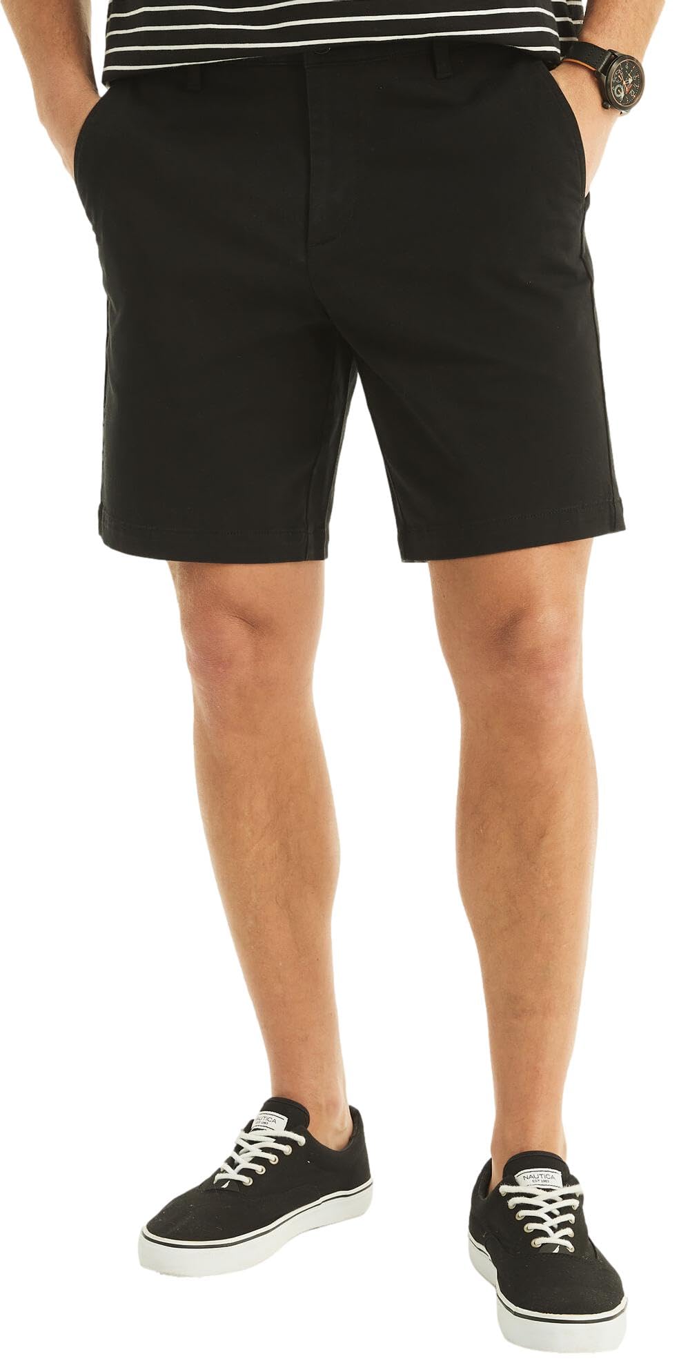 Nautica Men's Classic Fit Flat Front Stretch Solid Chino 8.5" Deck Shorts, Night Black, 36