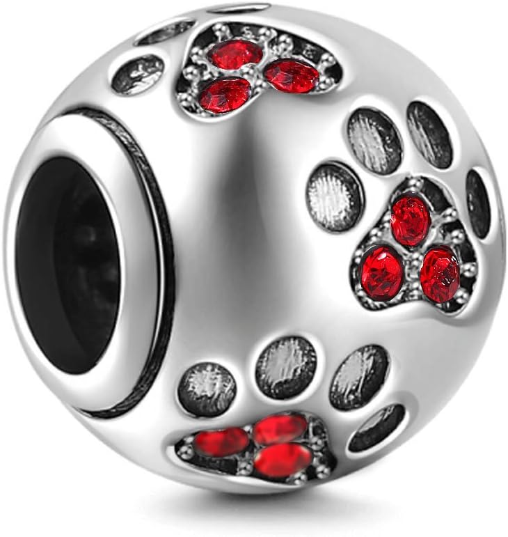 Dog Paw Print Charms 925 Sterling Silver Animal Birthstone Crystal Charms for Pandora 3mm Snake Chain Bracelets