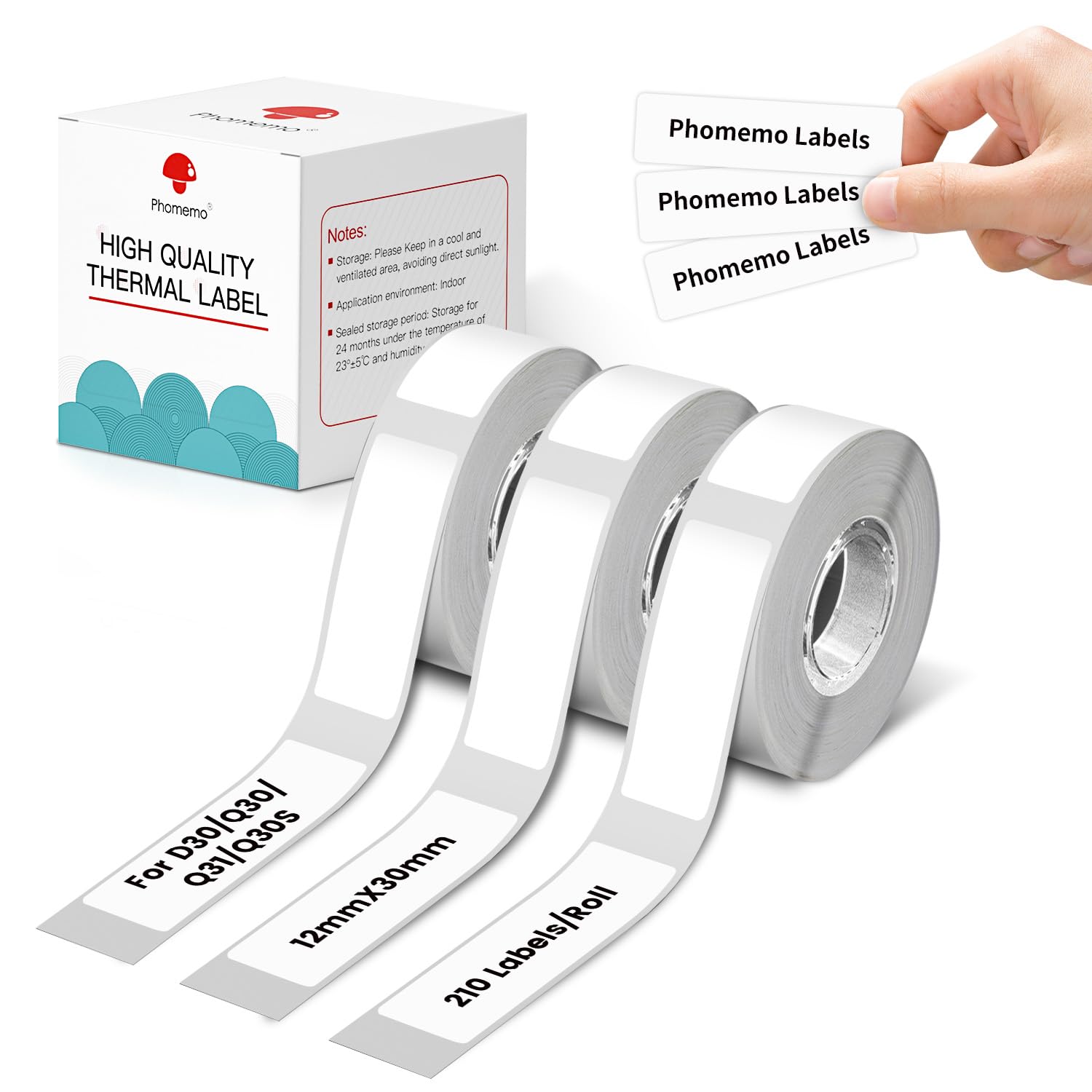 Phomemo D30 Étiquettes Adhésives 12 mm x 30 mm, 3 rouleaux, blanc