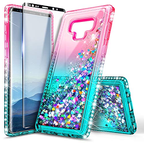 Galaxy Note 9 Case with Screen Protector (3D Pet Full Coverage) for Girls Women, NageBee Glitter Liquid Bling Floating Quicksand Waterfall Shockproof Cute Case for Samsung Galaxy Note 9 -Pink/Aqua