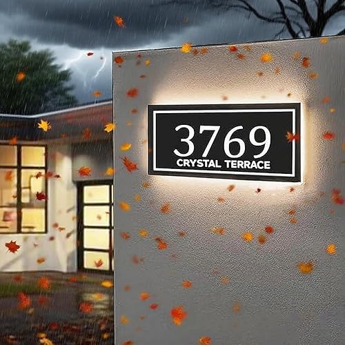 Letrero de dirección solar personalizado para exterior, letrero de número de casa con retroiluminación LED, placa de dirección de metal impermeable