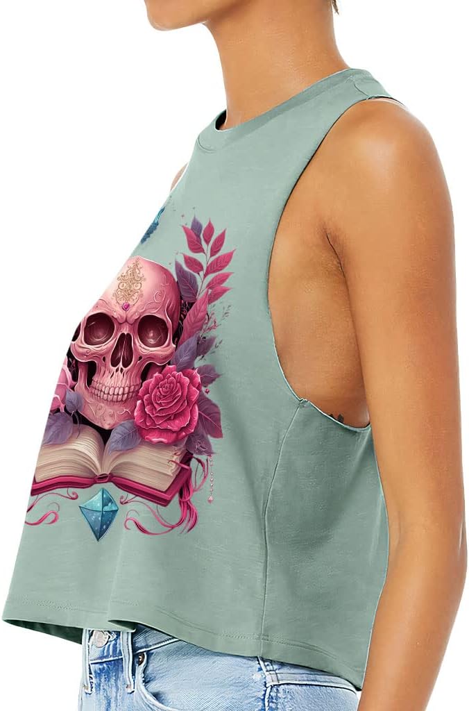 Skull Print Racerback Cropped Tank - Flower Women's Tank - Book Design Tank Top - White, L