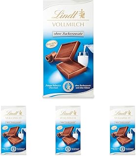 Lindt Schokolade Vollmilch ohne Zuckerzusatz | 100 g Tafel | Feinste und ohne Gluten | Schokoladengeschenk (Packung mit 4)