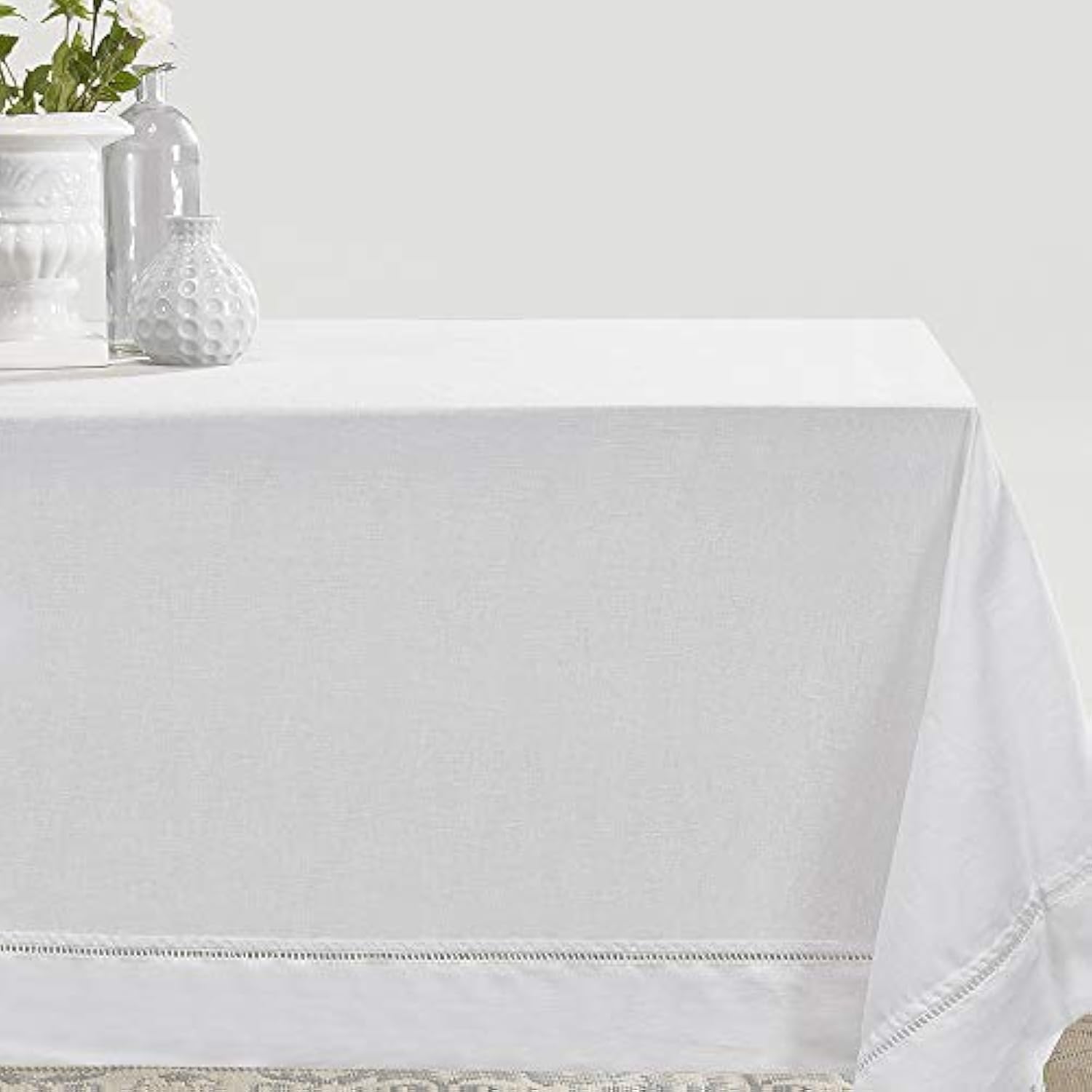 Simple&Opulence Premium 100% Linen Hemstitch Tablecloth-60 x 120 Inch White, Natural Fabric, Rectangular Tablecloth for Indoor and Outdoor Use