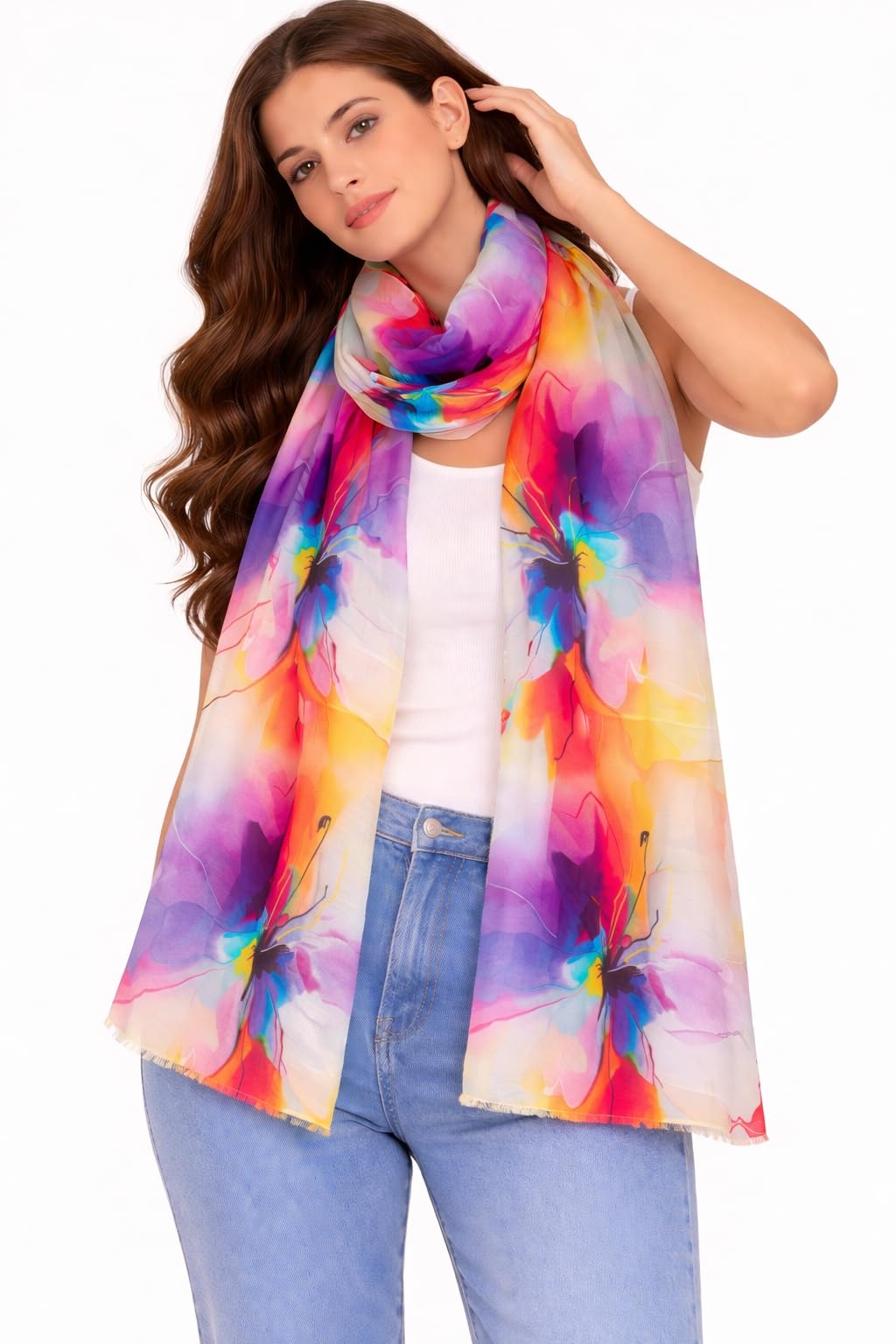 Nyara Atelier Women Multicolor Watercolor Floral Print Scarf-image-41