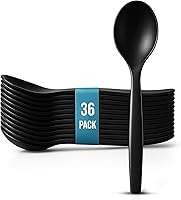 Vista 7 de Cucharas de plástico negro de 8.5 pulgadas para bufé, 12 unidades a granel, cuchara desechable resistente, utensilios de plástico grandes