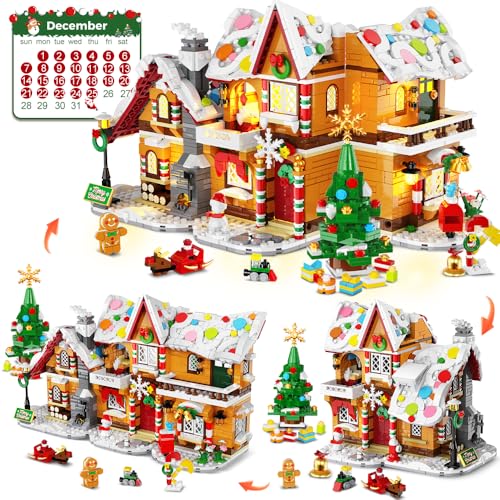 HOGOKIDS 2025 Advent Calendar Gingerbread House Mini Building Set with Light, 24 Days Countdown 3 Style Christmas Village Blocks Toy with Xmas Tree, for Adults Kids Boy Girls Ages 10+