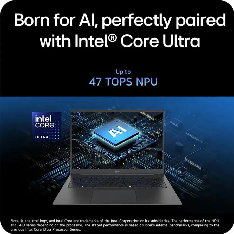 LG gram 17 laptop with Intel Core Ultra processor branding and a graphic of an AI chip, indicating AI capabilities.