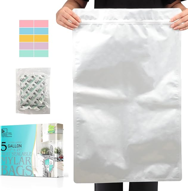5 Gallon Mylar Bags with 2500CC Oxygen Absorbers and Labels, Zipper Resealable Pouches Heat Sealable Bags for Long Term Food Storage (20 pcs)
