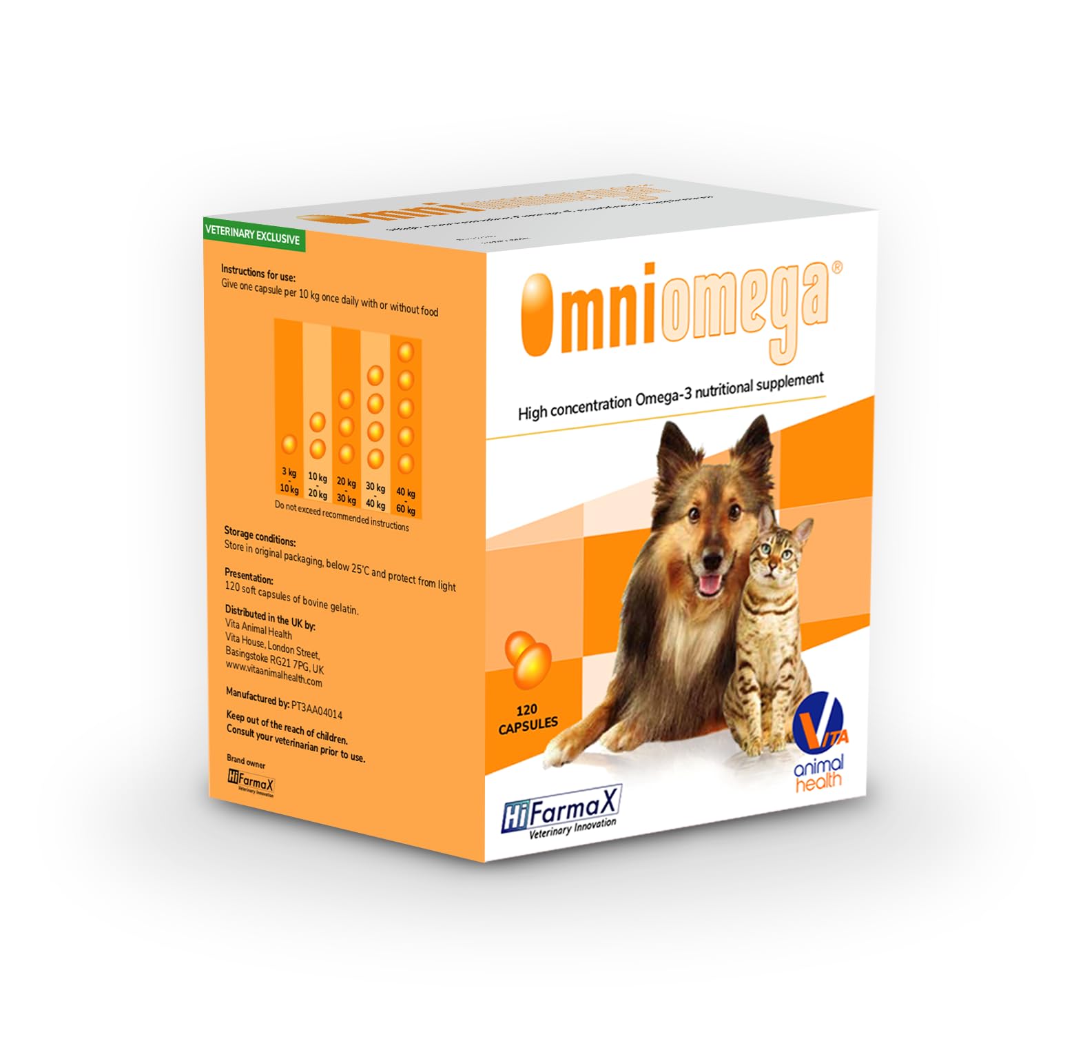 VITA ANIMAL HEALTH - Omniomega (120 Capsules), Multi-Benefit Omega-3 For Full Body Support For Cats And Dogs, Boosts Skin And Coat, Supports The Heart, Kidney And Nervous System, Essential Fatty Acids