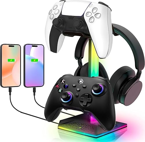 Soporte de auriculares para videojuegos, accesorios de PC - Soporte de auriculares RGB con 2 puertos USB, 10 modos de luz, soporte para auriculares