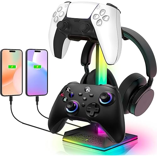 Gaming Headphone Stand PC Accessories - RGB Headset Stand with 2 USB Ports,10 Light Modes Headset Holder Suitable for All Earphone Accessories, Gift for Boys Men Gamers