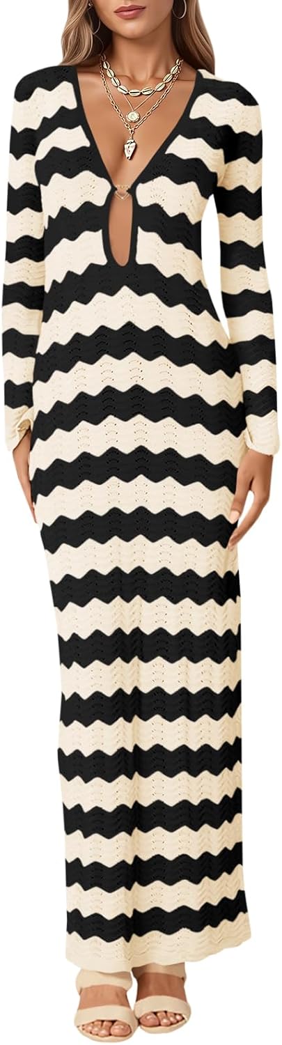 Saodimallsu Womens Crochet Summer Maxi Dress Striped Sexy Cut Out V Neck Long Sleeve Knit Cover Up Beach Dresses