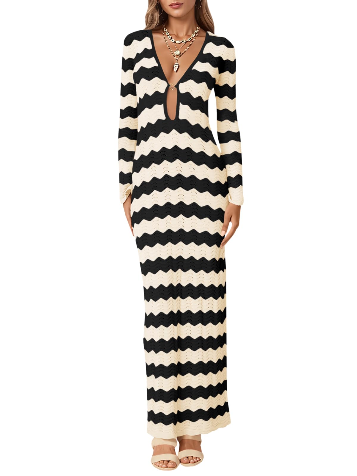 Saodimallsu Womens Crochet Summer Maxi Dress Striped Sexy Cut Out V Neck Long Sleeve Knit Cover Up Beach