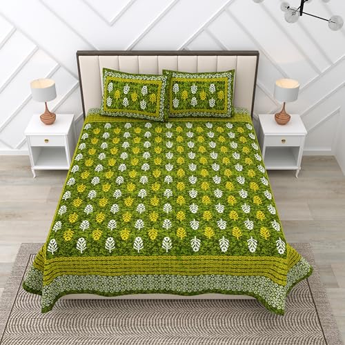 Image of RajasthaniKart 100% Cotton 180 TC King Size BEDSHEET with 2 Pillow Cover - 90X108 (Suitable for King Size Bed Sheet or Double Bed, Green Booty Jaipuri, 5300)