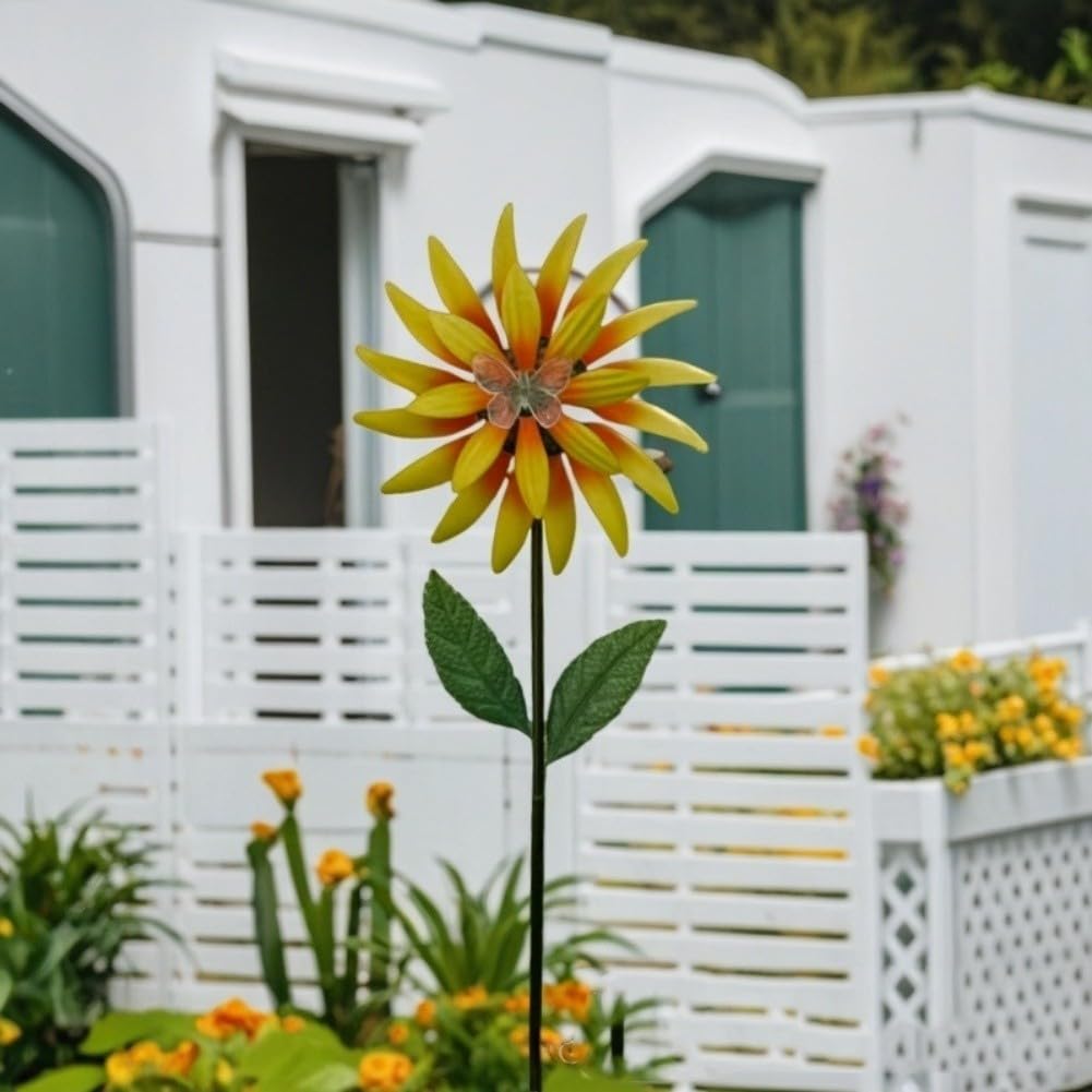 Girandola a vento in metallo, a energia solare, decorazione da giardino con luci, 89 cm, in acciaio, per esterni (giallo)