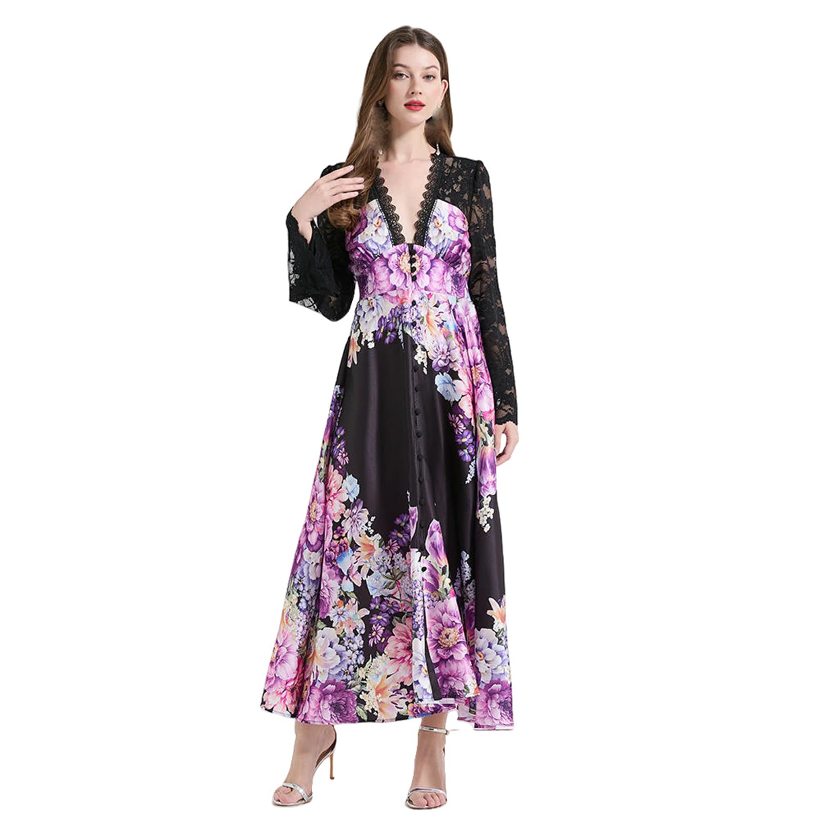 Robe longue cintrée galbante à imprimé patchwork printanier - 6