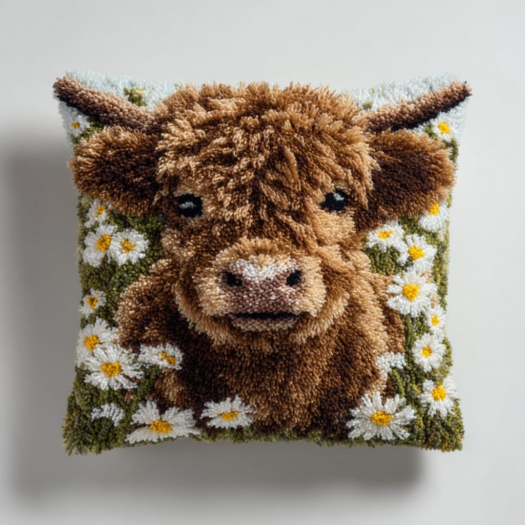 Latch Hook Pillow Kit Cute Baby Brown Highland Cow in Daisy Flowers with Pre-Printed Pillow Cover DIY Pillowcase Crochet Yarn Hooking Craft Set for Hobby and Home Decor 43x43cm-7