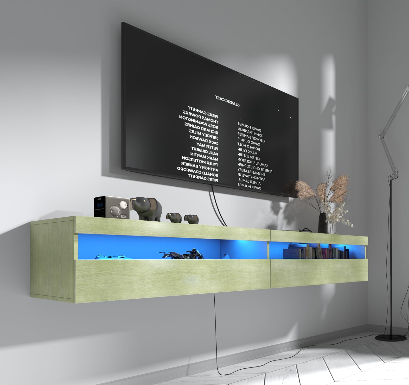 Floating TV Stand, Wall Mounted TV Shelf with Led Lights & Power Outlet, 71" Modern Entertainment Center Media Console with Storage, High Gloss TV Cabinet for 65/75/80 inch TV