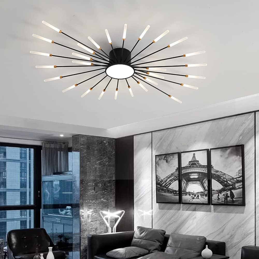 Lampa sufitowa LED 42 cali, możliwość ściemniania, 28 świateł, styl wpuszczany, czarny, do sypialni, jadalni, salonu, efekt fajerwerków.