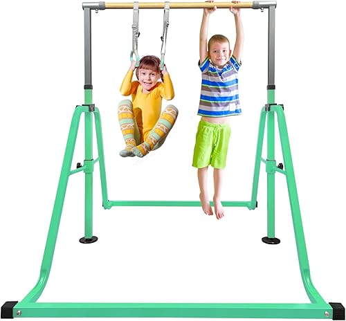 GLANT Barra de gimnasia para niños con juego de anillos, 7 alturas ajustables, fácil de plegar, barra de entrenamiento de gimnasia para niños,