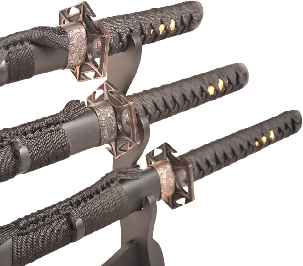 Sword Valley Authentic Ninja Samurai Sword 3-Piece Set with 3-Tier Display Stand – Shinobi Engraved Scabbards, Stainless Steel Blades, Waxed Cotton Handle (38.9"+30.5"+21.1")