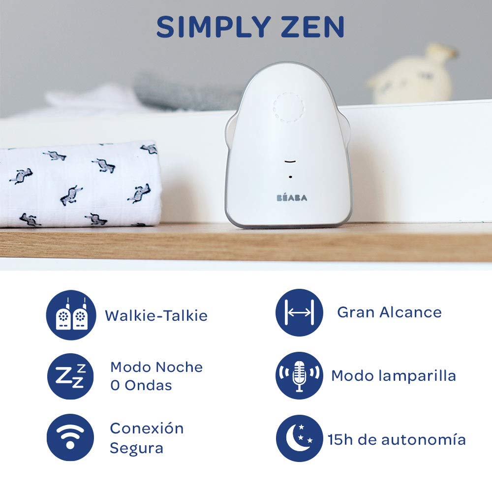 BÉABA - Intercomunicador + Monitor Audio, Walkie-Talkie, Función 0 Ondas, Modo Vox, Modo Noche con Luz, Alcance 300 m, Autonomía 15 h, Simply Zen, Blanco
