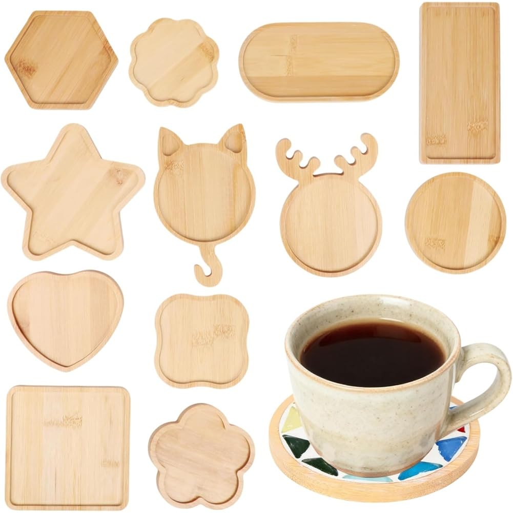 UDSKNV[KSL for DIY Mosaic Coaster Kit 12 PCS Bamboo Assorted Shapes Mosaic Bases Wooden Blank Base Drinking Cup Coaster Blank Base