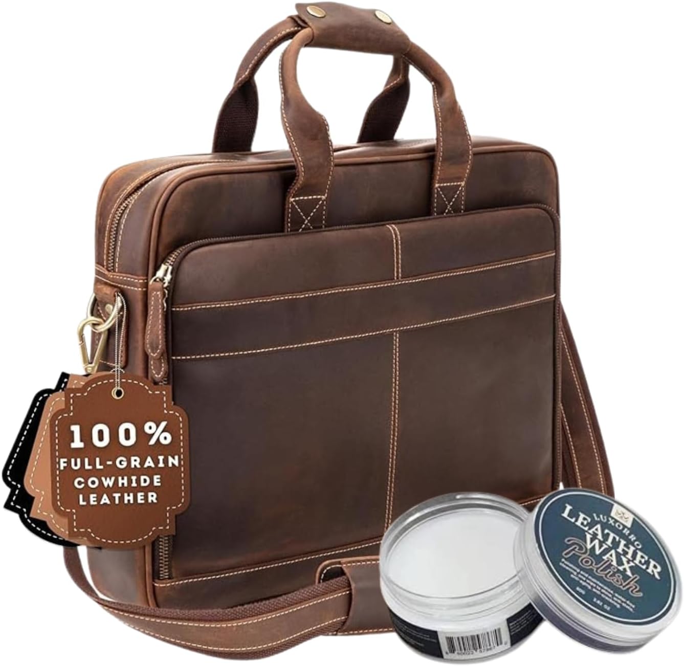 Luxorro Full-Grain Leather Briefcases for Men, Leather Laptop Briefcase For Men, Dark Brown and Leather Wax Polish, 2.82oz Bundle